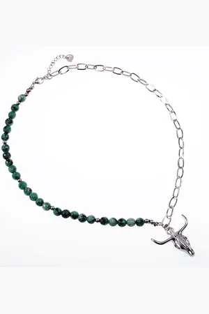 esde2 Ketting met Buffelkop Hanger Dames - Stalen Zilverkleur -Schakelketting en Groene Natuursteen