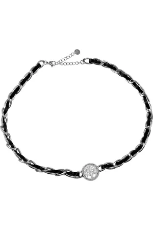 esde2 Halsketting Dames - Levensboom Ketting - Stalen Zilverkleur - Zwarte Leer - Schakelketting