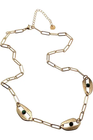 esde2 46 tot 52cm Ketting Dames - Verguld RVS - - Paperclip Schakelketting met Groene Natuursteen - Collier Paperclip