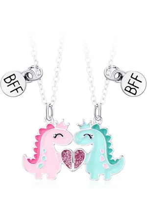 Bixorp Friends BFF Ketting voor 2 met Dinosaurussen - Zilverkleurig - Roze & Blauw - Magnetische Vriendschapsketting - Twee Helften Best Friends - Vriendschap Cadeau voor Twee