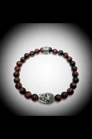 Behave Natuursteen Armband met 925 Sterling Zilver Skull / Buddha / Boedha Bedel van 13 gram Zilver , Handgemaakte Edelsteen Armband met 8mm (Rode Tijgeroog) kralen .