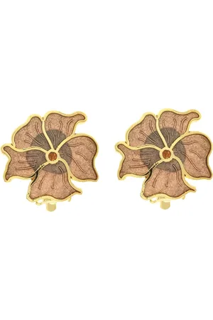 Behave Dames clip oorbel bloem bruin emaille - 2 cm doorsnede
