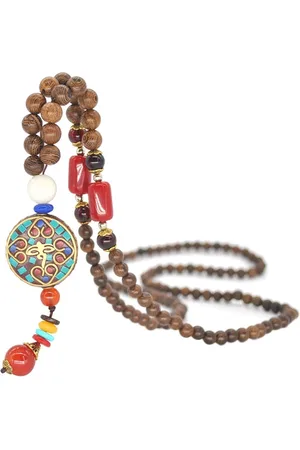 Bixorp Boeddha Boho Ketting van Hout met Hanger - Houten Boeddhistische Kralenketting - 80cm