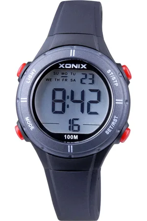 XONIX BAI-A07 - Horloge - Digitaal - Kinderen - Unisex - Siliconen band - ABS - Cijfers - Achtergrondverlichting - Alarm - Start-Stop - Tweede tijdzone - Datumaanduiding - Waterdicht - 10 ATM - Zwart - Grijs
