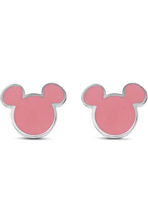 Disney 4-DIS050 Mickey Mouse Oorbellen - Mickey Oorknopjes - Sieraden - 6,8x8mm - Roze Emaille - Staal - Hypoallergeen - Zilverkleurig