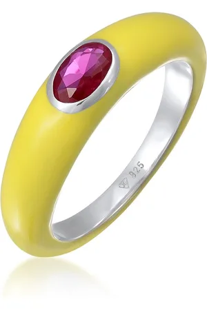 Elli Dames Ring Dames Eenzaam Ovaal met Emaille oranje en Zirkonia Kristal groen in 925 Sterling Zilver Verguld
