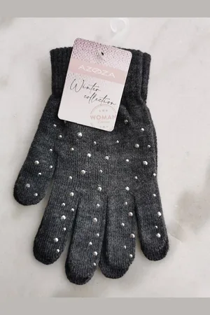 Merkloos Donkergrijze dames handschoenen met strass steentjes one size
