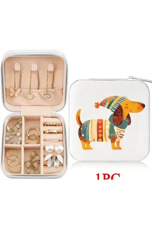 Merkloos Teckel - Juwelen - Juwelendoosje - Wit - Leder - Ritssluiting - Reis - Opbergen - Sieraden - Sieradendoos - 10x10x5cm - Leer - Hond - Teckelprint - Teckel met muts oranje