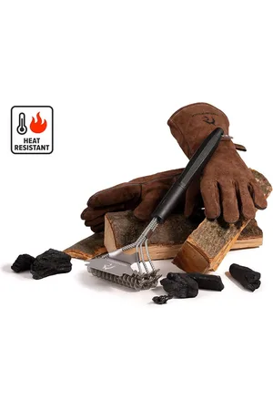 Merkloos Barbecuehandschoenen, hittebestendig, grillborstel, roestvrij staal, grill, accessoires, handschoenen, leer, ovenwanten