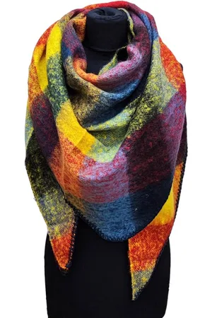 Merkloos Warme Driehoekige Sjaal - Geblokt - Geel/Rood - 200 x 75 cm (23-71#)