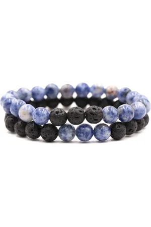 Bixorp Gems Dubbele Natuursteen Armband voor Man & Vrouw - Blauw/Zwart contrast - Edelsteen Armband Cadeau - Lapis Lazuli & Lavasteen - 18cm