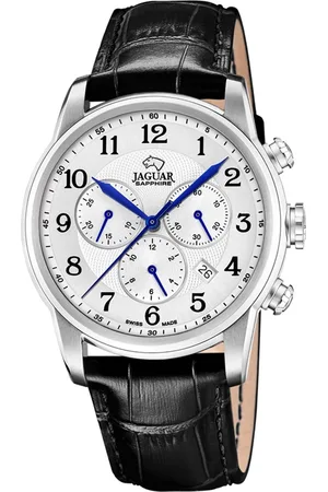 Jaguar J968/7 Heren Horloge - Chronograaf - Saffierglas - Roestvrijstaal/Leer - Zilverkleurig - Ø 42 mm - Quartz - Gesp - 5 ATM (douchen)