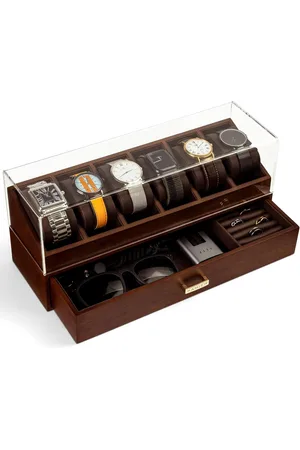Merkloos Horlogebox voor heren, met 6 vakken, echt houten horlogekoffer, 2 niveaus, horlogekast met uitneembaar horlogekussen en lade, geschenken voor vader en vriend, walnoot