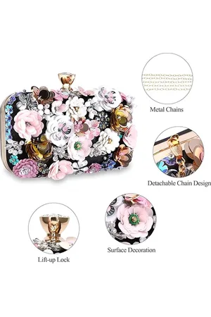Merkloos Bloemen Clutch Bag Dames Kleurrijke Avondtas Elegante Glanzende Portemonnee voor Vrouwen Kralen Bruids Bruiloft Prom Cocktail Party Handtas