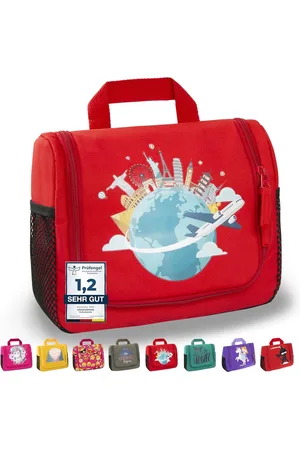 Merkloos Toilettas voor kinderen om op te hangen - make-uptas - waszak - reistas - reisaccessoires - Around The World (rood) modern