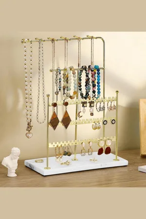 Merkloos 5 Tier Jewelry Holder Necklace Hanging Storage T Bar Bracelet Stand Earrings Display Rack - Marble White + Gold - Resin Ring Tray