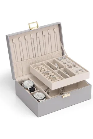 Merkloos Jewellery Storage Box for Women and Girls - 2 Levels PU Leather Organiser with Watches for Rings - Earrings - Necklaces Grey