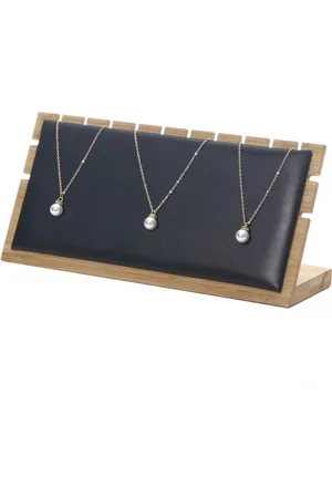 Merkloos Sieraden Display Stand Showcase voor hanger ketting - Bamboe - Zwarte leren basis - Set van 3