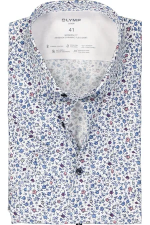 Olymp 24/7 modern fit overhemd - korte mouw - dynamic flex - wit met blauw bloemetjes dessin - Strijkvriendelijk - Boordmaat: 39