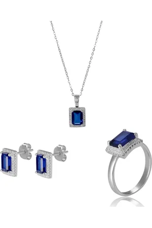 ORPHELIA SET-7425/SA/52 - Juwelenset: Ketting + Oorbellen + Ring - Zilver 925 - Zirkonia Saffier - Ring maat 52