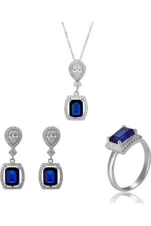 ORPHELIA SET-7426/SA/52 - Juwelenset: Ketting + Oorbellen + Ring - Zilver 925 - Zirkonia Saffier - Ring maat 52