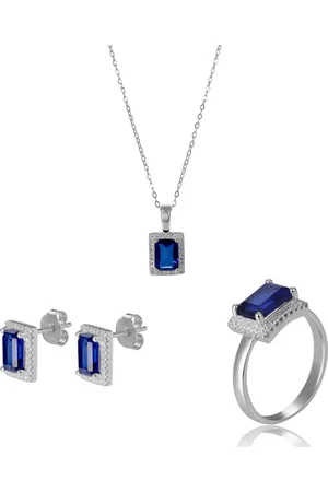 ORPHELIA SET-7425/SA/50 - Juwelenset: Ketting + Oorbellen + Ring - Zilver 925 - Zirkonia Saffier - Ring maat 50