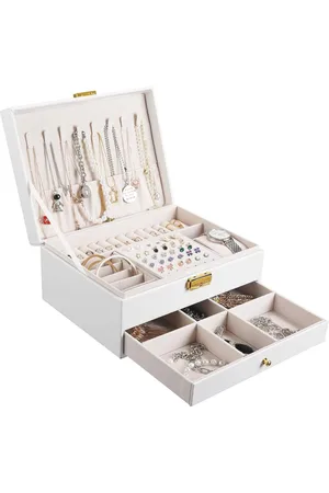 Merkloos Sieradendoosje met 2 niveaus - PU-leer sieradenkistje voor dames en meisjes - Perfect voor ringen, oorbellen, halskettingen en horloges - Met slot en sleutel - Wit