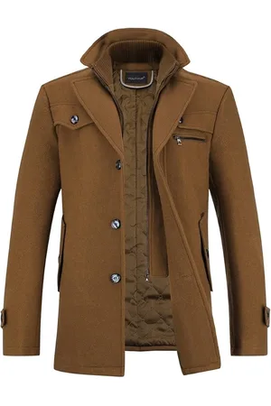 Merkloos Winterjas voor heren, middellang, dikke wollen trenchcoat, gewatteerde voering, normale pasvorm, militaire jekker