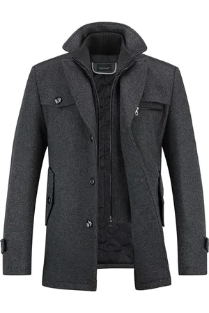 Merkloos Winterjas voor heren, middellang, dikke wollen trenchcoat, gewatteerde voering, normale pasvorm, militaire jekker