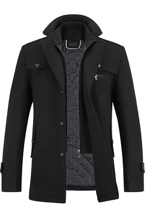 Merkloos Winterjas voor heren, middellang, dikke wollen trenchcoat, gewatteerde voering, normale pasvorm, militaire jekker