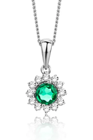 Miore Groen Smaragd en Diamanten Bloem Ketting Dames - Conflictvrije Edelstenen - 9 Karaat - Kleur - Handgemaakte Hoogwaardige Sieraden