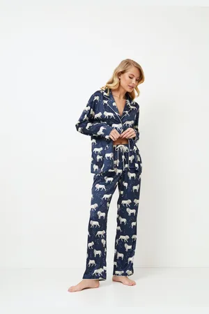 Aruelle Blauwe dames pyjama Nala???pyjamahemd met lange mouw-knoopsluiting-lange broek met zakken-maat XXL