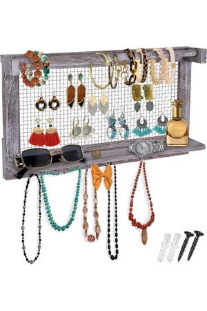 Merkloos Boho-Chic Organizer voor sieraden, wandrek met afneembare armbandstang, met 16 haken, perfecte opslag voor oorringen, halskettingen en armbanden, sieradendisplay