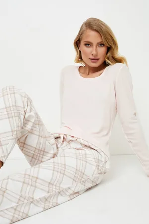 Aruelle Dames pyjama set Claudia-T-shirt met lange mouw-lange broek met ruitpatroon- -maat L
