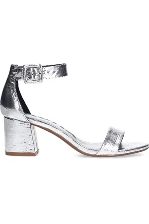 Sacha Dames - Zilveren metallic sandalen met blokhak