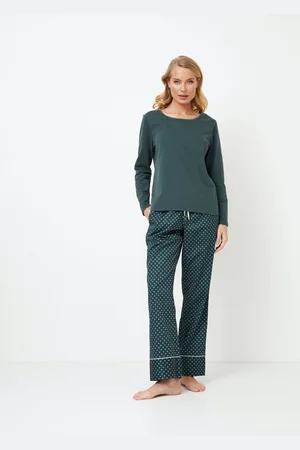 Aruelle Groene damespyjamaset Griselle-T-shirt met lange mouwen-lange broek met zakken-maat XXL