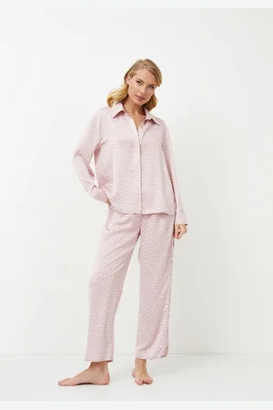 Aruelle Damespyjama set-pyjamashirt met lange mouw-knoopsluiting-lange broek-maat XXL