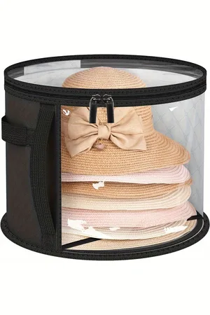 Merkloos Hoedendoos - Hoed Opbergdoos - Opbergdoos voor hoeden - Ronde Hoedendozen - Ø 42x27.8 cm - Stapelbare Hoeden Organizer - Opvouwbare Ronde Rand Hoeden Organizer Tas - Met Rits, Doorzichtig Venster - Zwart - 1 Stuk