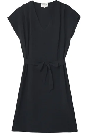 Grace & Mila Zwarte V-Hals midi-jurk met strikceintuur Marilou