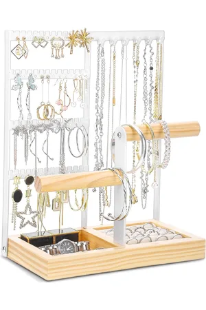 Merkloos Sieradenstandaard met Houten Basis en Metaal voor Dames - Kettinghouder voor Sieraden, Armbanden, Oorbellen, Ringen en Horloges
