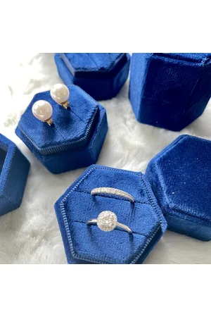 Merkloos Zeshoekige Fluwelen Trouwringdoos - Saffierblauw - voor twee ringen
