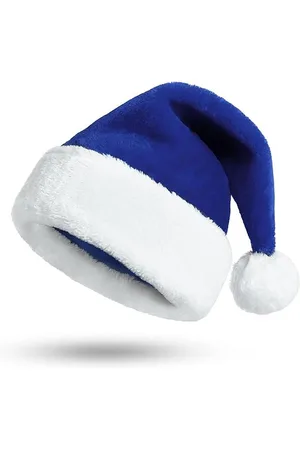 Merkloos Blauwe kersthoed voor volwassenen, luxe kerstmanhoed met brede pluche rand met pompon voor dames en heren