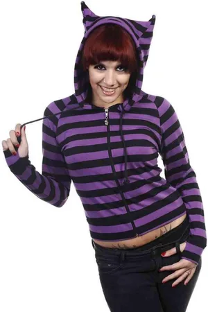 Banned Retro CAT EARS STRIPED Vest met capuchon - M - /Paars