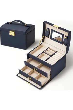 Merkloos Sieradendoos, sieradenganiser, 3 lagen PU-lederen sieradenopbergdoos met spiegel en slot, voor ringen, armbanden, oorbellen, kettingen, marineblauw