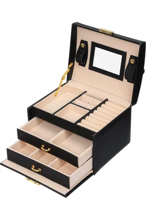 Merkloos Sieradendoos, sieradenganiser, 3 lagen PU-lederen sieradenopbergdoos met spiegel en slot, voor ringen, armbanden, oorbellen, kettingen