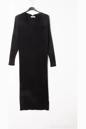 Merkloos Gebreide warme dames jurk Emy met V-hals lange mouwen effen maat M/L midi jurk