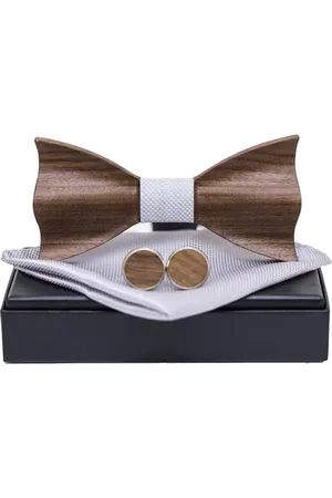 Merkloos DWIH - houten Vlinderdas de Luxe - Vlinderstrik van hout - houten manchetknopen -Pochette