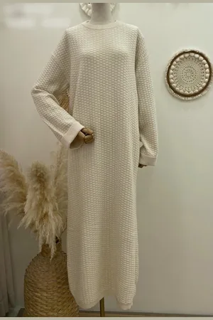 Merkloos Trui jurk dames lange mouw- gebreide trui- warm- lang- knitdress-winterjurk-maat m/l- dames trui- wintertrui- -creme- trui dames
