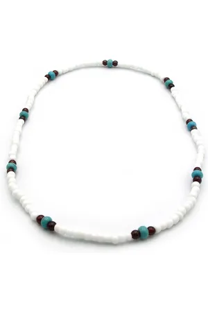 No Evil Zomerse unisex surf strand kralenketting met 3mm witte glaskralen en turqoise en bruine kraaltjes op elastiek geregen lengte 45 cm