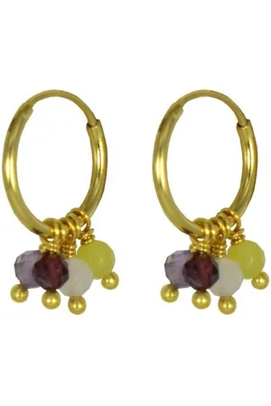 Silventi 9SIL-21079 Zilveren Oorringen met Hangertjes - Dames - Multi Color Stone - 5 Kralen - (GARNET,AMETHYST,SMOKY QUARTZ,ROSE QUARTZ,LEMEN STONE) - Oorring - 12 x 1,3 mm - Gold Plated (Verguld / Goud op Zilver)